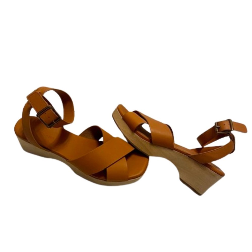 Everlane The Clog Sandal Cognac Criss Cross Strap Size 8.5 Leather Wood - Picture 2 of 6